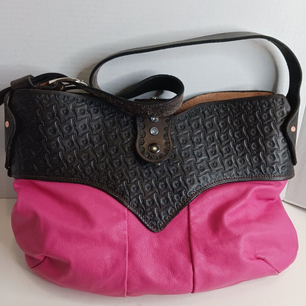 Vintage Handmade Western Style HOBO Bag Pink Brown Leather